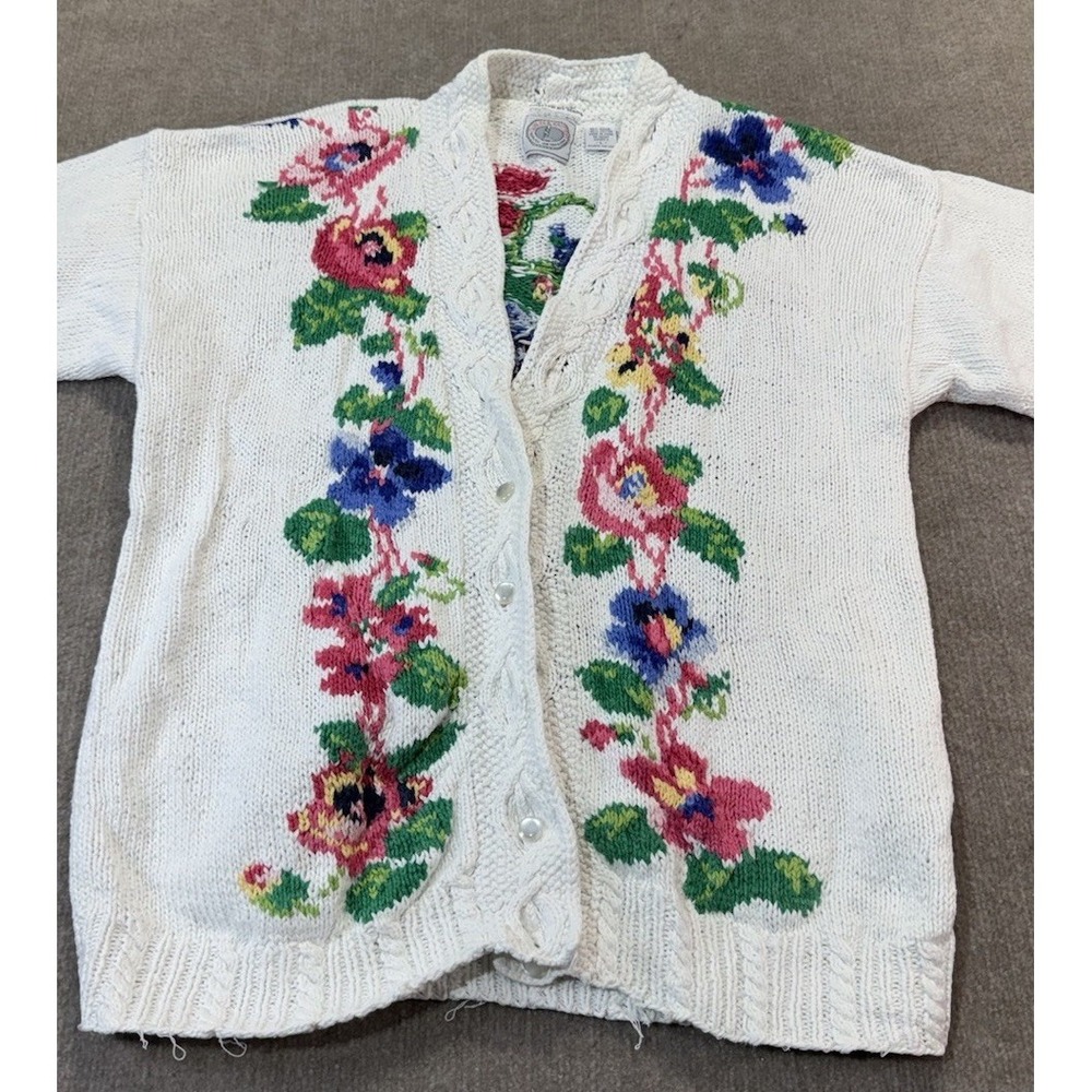 Cape Isle Knitters L Sweater Women Hand Knit  VTG Floral Cottage Granny Art